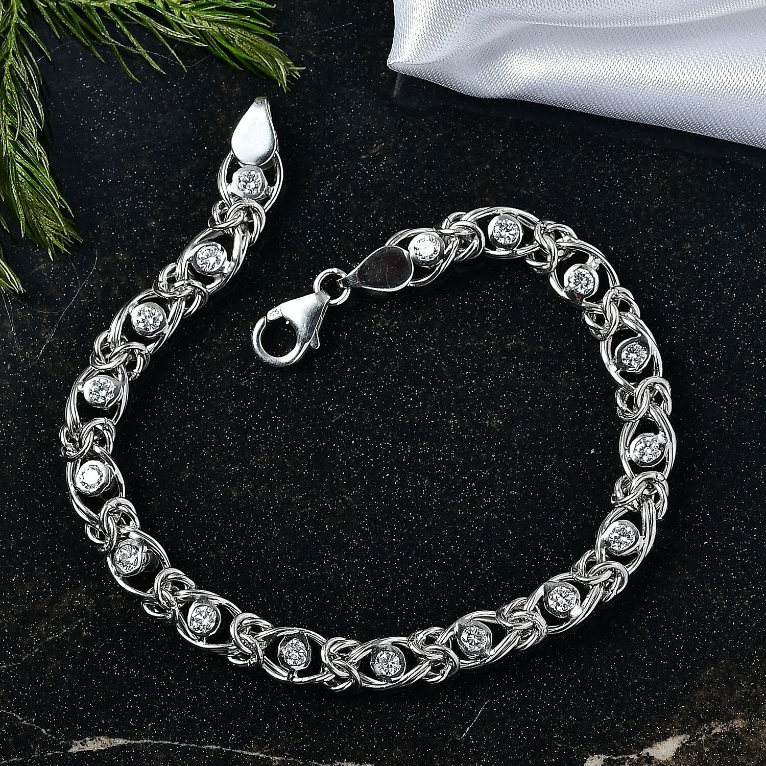 Ottoman Treasure-  Lab Grown Diamond (SI-GH) Byzantine Bracelet  (Size 7.5) in Platinum Overlay Sterling Silver. Total Wt 1.15 Cts